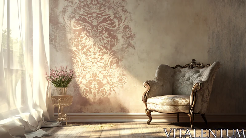 Sunlit vintage armchair stands against textured damask wall