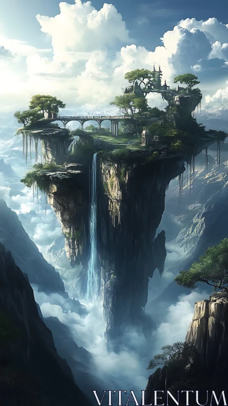 Floating Castle on Cliff with Waterfalls and Gardens.