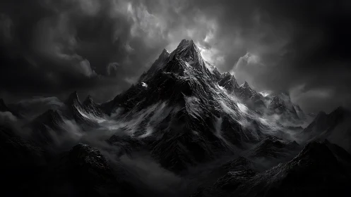 Nocturnal alpine massif under storm-lit stratiform clouds