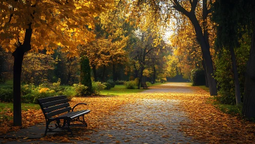 Park path shows aligned benches and dense autumn foliage