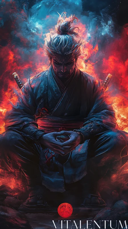 Silent warrior meditates in glowing fire and swirling frost