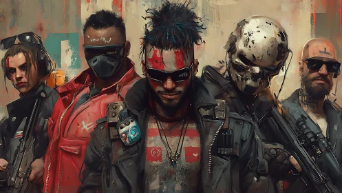 Cyberpunk mercenary squad in gritty painterly portrait.