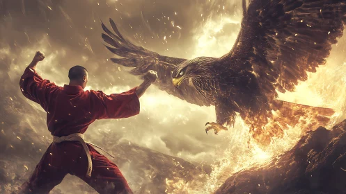 Monastic martial artist confronting pyroclastic war-eagle.