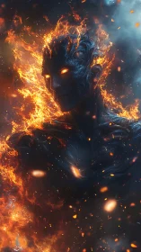 Digital painting of a molten fire entity in dynamic vertical composition.