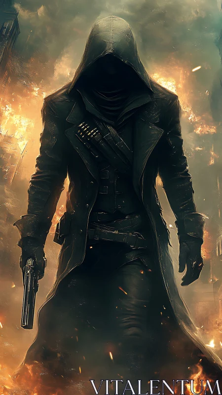 Hooded armed figure in long coat walking through fire.