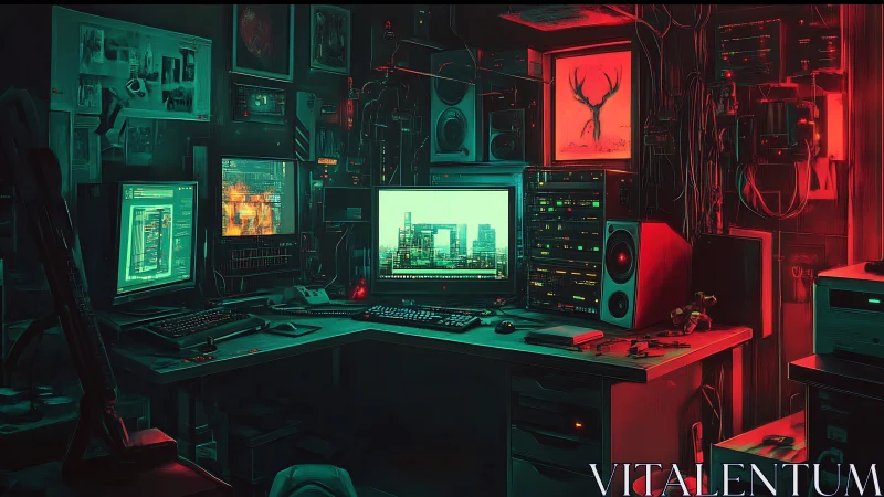 Cyberpunk hacker workstation glows under teal red light