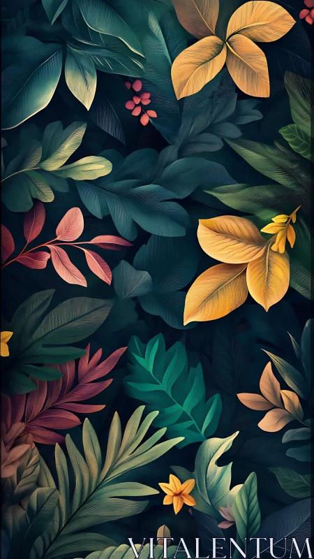 Nocturnal jungle leaves glow in jewel-toned stillness.