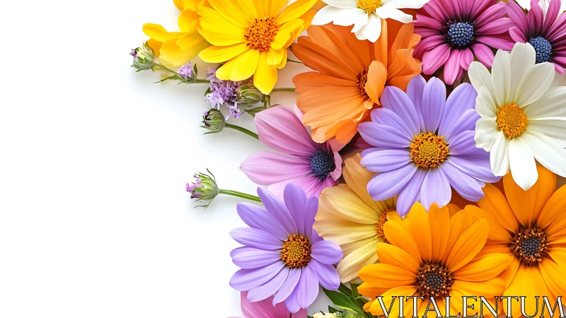 Vibrant Daisy Arrangement: Multi-Hued Floral Composition with Central White Space
