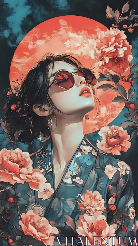 Woman in floral kimono faces red sun with stylized blossoms