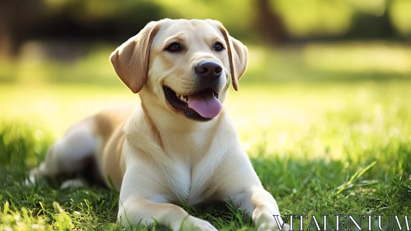 Sunny park portrait of relaxed yellow Labrador dog resting.