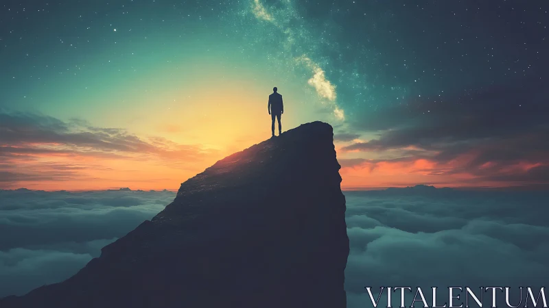 Solitary dreamer greets a glowing sky above soft clouds