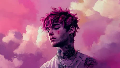 Neon‑haired dreamer drifting inside cotton candy skies.