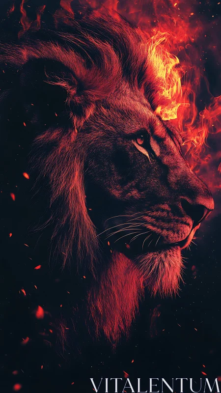 Flaming lion profile rendered with high contrast chiaroscuro lighting