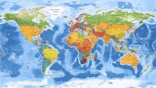 Color coded political world map with shaded ocean bathymetry.