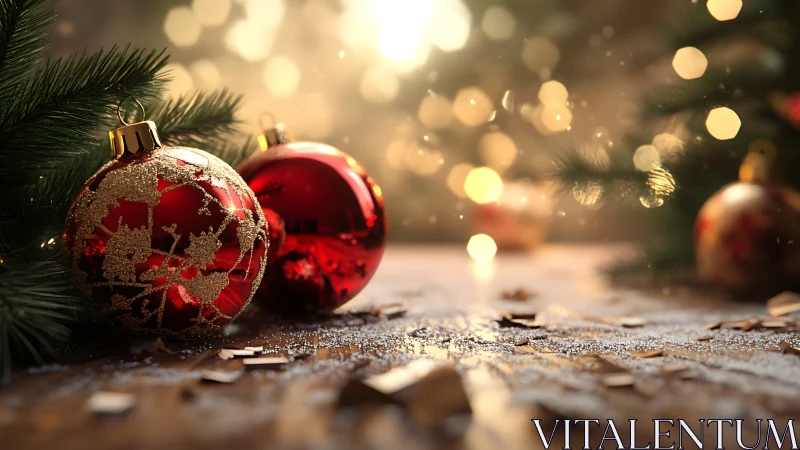 Red glass baubles rest among pine boughs in festive bokeh light