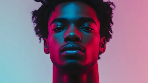 Calm gaze in neon light, where cool blues meet warm pinks.