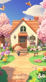 Stylized cottage garden scene with chibi avatar and spring flora