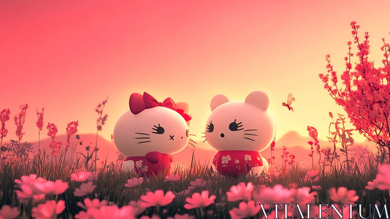 Adorable Kitty Companions in a Blooming Sunset Field.