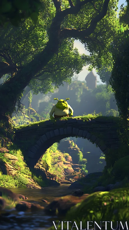 3D fantasy ogre on stone forest bridge in dappled light.