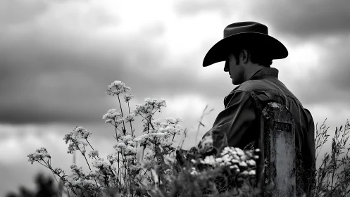 Lone cowboy in wildflowers under a storm-weary sky.