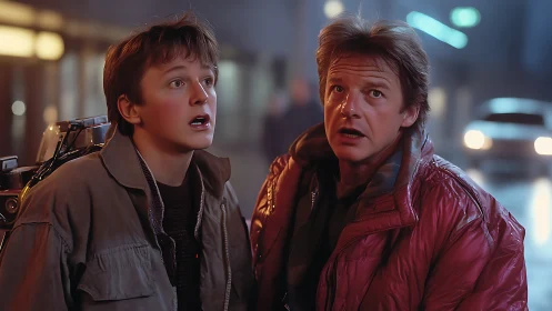 Two shocked youths in retro jackets under cinematic night lighting