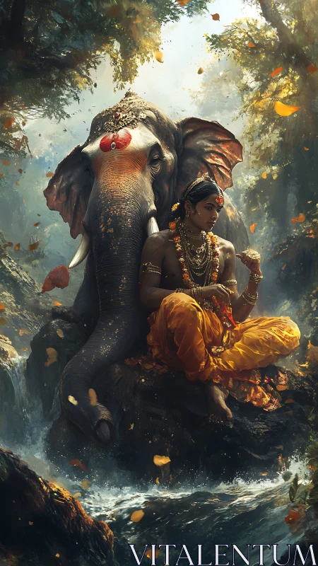 River throne of gold clad mystic and guardian elephant.
