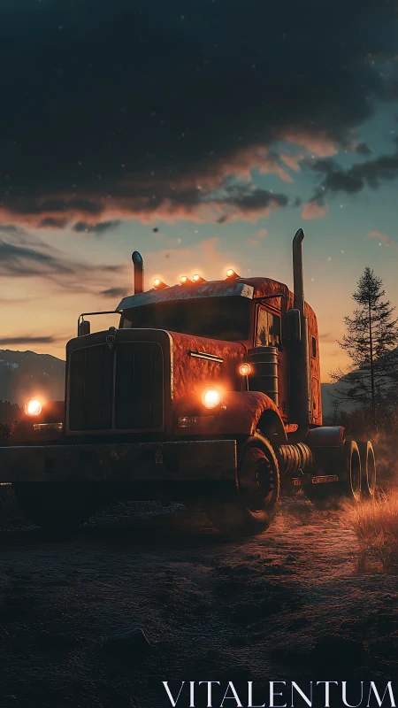 Rust-red semi truck glows under stormy twilight sky.