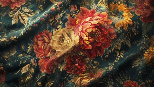 Vintage Bloom Tapestry: Rich Flora Woven in Gold and Crimson