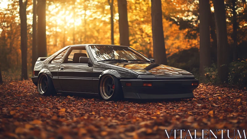 Classic tuner coupe idles in a glowing autumn forest hush.