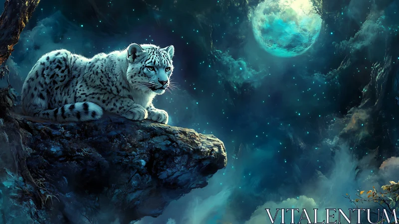 Snow Leopard on Rocky Outcrop Beneath Luminous Moon