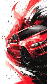 Red drift car slices through abstract ink and paint trails