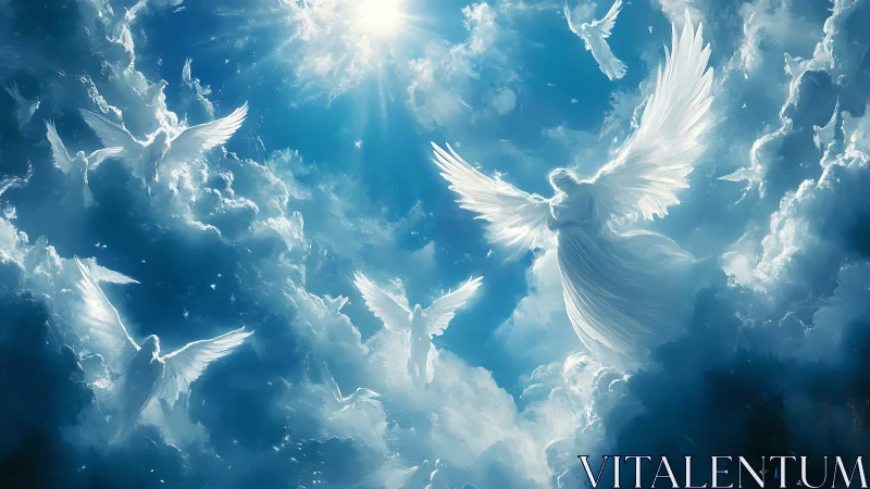 Radiant angelic figures in luminous blue sky clouds.