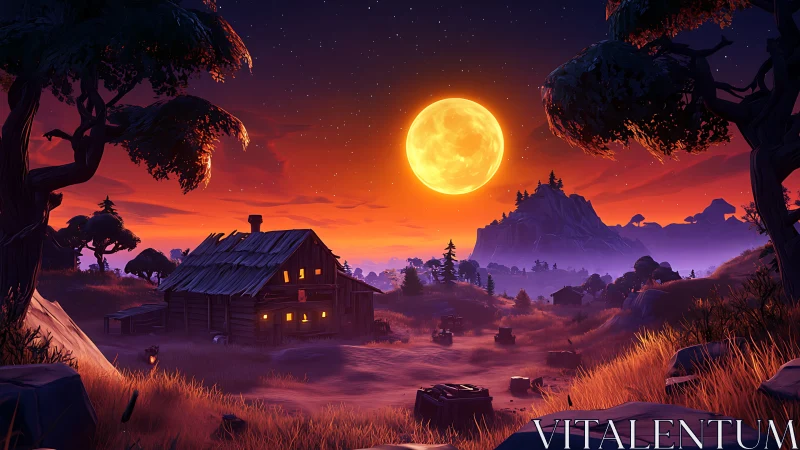 Lunar-dominant stylized valley with rustic cabin illumination.