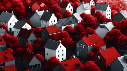 Monochrome residential blocks contrast with red foliage