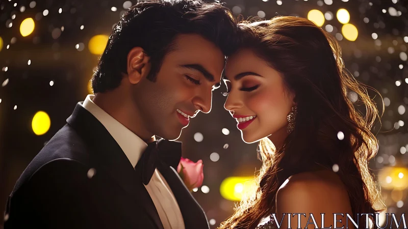 Romantic couple dancing under golden bokeh lights.