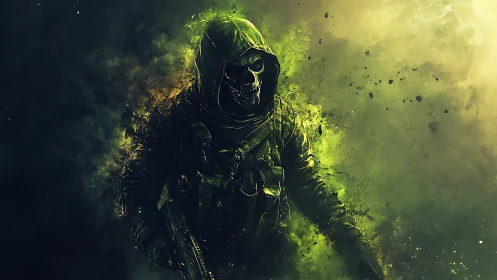 Tactical hooded specter with rifle in neon toxic smoke field