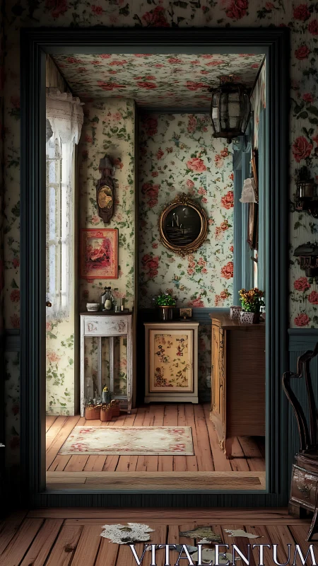 Sunlit floral parlor frames vintage furniture and decor