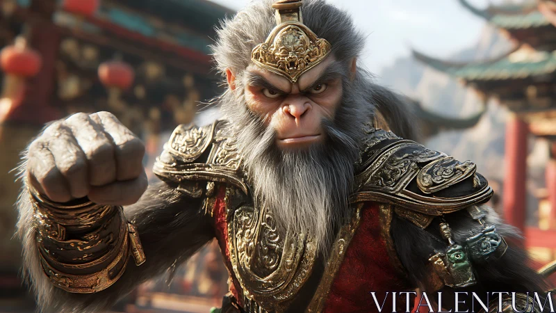 Armored monkey warrior in ornate temple courtyard environment.