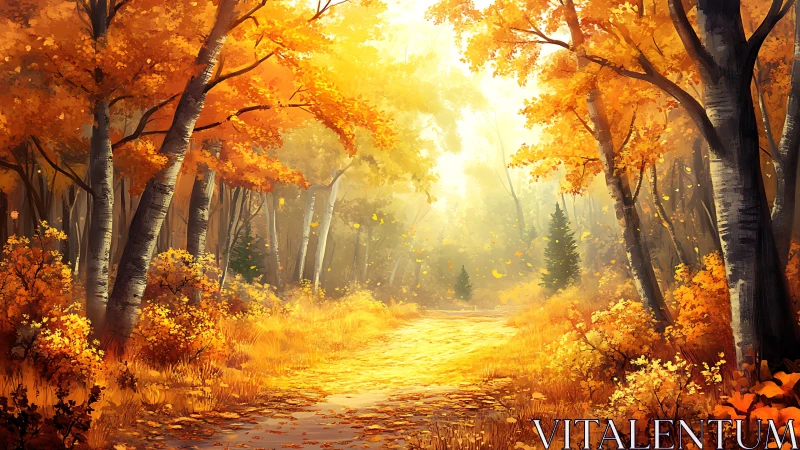 Autumn Forest Path in Golden Sunlight.
