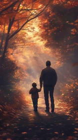 Father and child walking through warm autumn forest light.