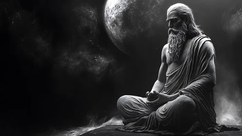 Monochrome yogic sage meditating under high-contrast cosmic moon