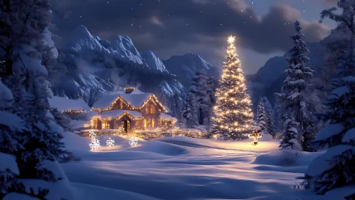 Snow covered cabin and lit Christmas tree in mountain valley