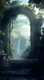 Sunlit stone archways in misty overgrown ruins.