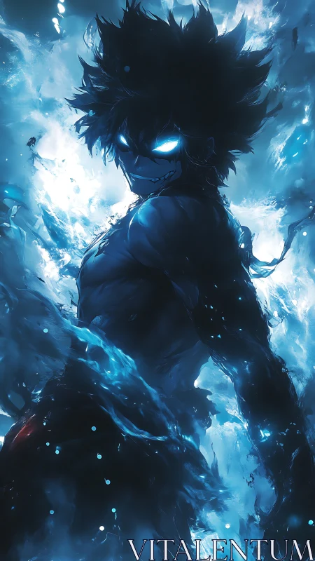 Electrified anime warrior emerges through turbulent blue energy