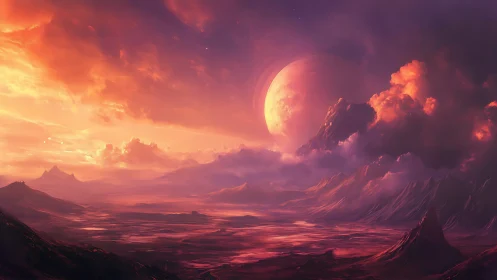 Bimodal nebular sunset over stratified alien basin and peaks