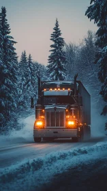 Long-haul semi truck powering through twilight snow forest.