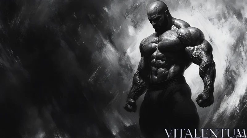 Storm-lit titan broods in swirling monochrome battle mist