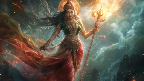 Radiant goddess of storms walking through swirling light.