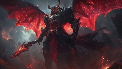 Armored demon warlord with flaming wings in ruins.