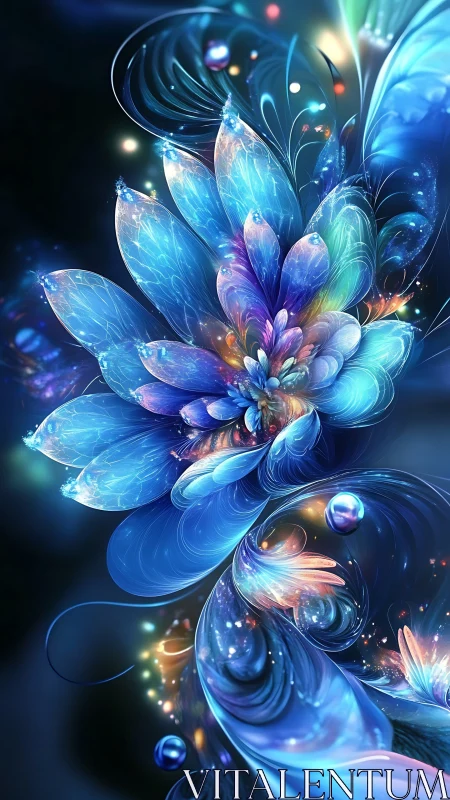 Digital blue fractal flower glows against dark abstract space